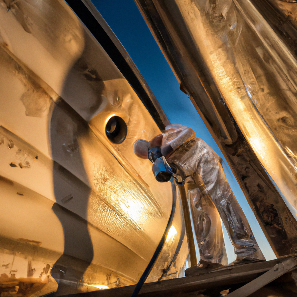 Cantiere nautico all'alba con yacht in refit, operai che levigano lo scafo, attrezzatura professionale in primo piano, dettagli nitidi